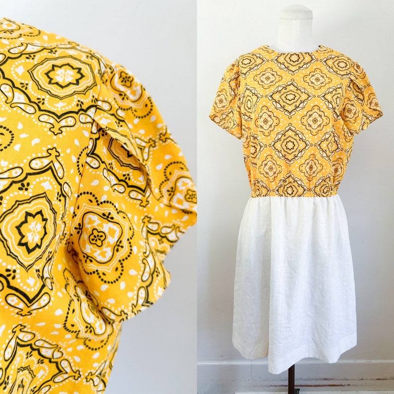 Vintage 1960s Yellow Bandanna Print Shift Dress / M-L image 1