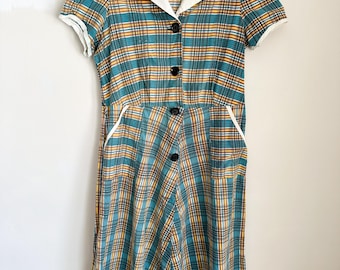 Vestido de día vintage de algodón a cuadros de los años 40 / M (tal cual)