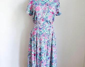 Vintage 1980s Floral Top & Skirt Matching Set / S