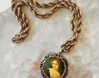 Vintage 1960s Double Sided Painted Lady Portrait Large Cameo Necklace