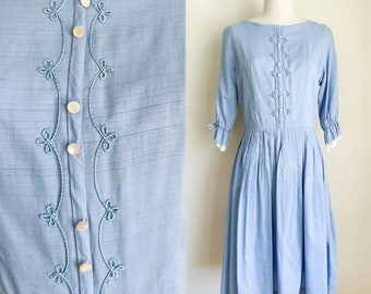 Vintage 1960s Blue Dress with ruffled sleeves / S