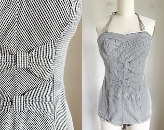 Vintage 1950s Black & White Gingham Swimsuit / XS