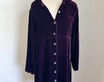 Vintage 1990s Eggplant Purple Velvet Shirt Dress / M