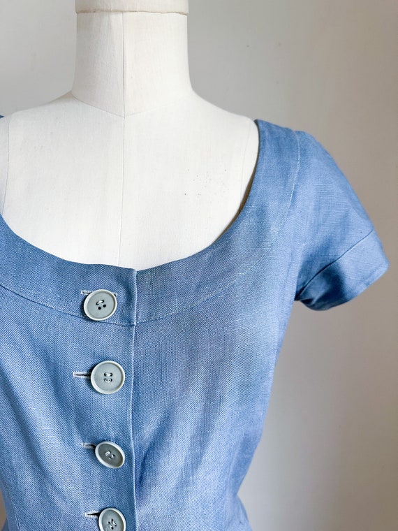 Vintage 1940s Dusty Blue Linen Dress / XS - image 4
