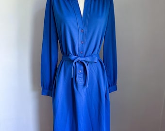 Vintage 1980s Blue Belted Shift Dress / M