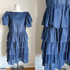 Vintage 1970s Navy & White Polka Dotted Dress / M image 1