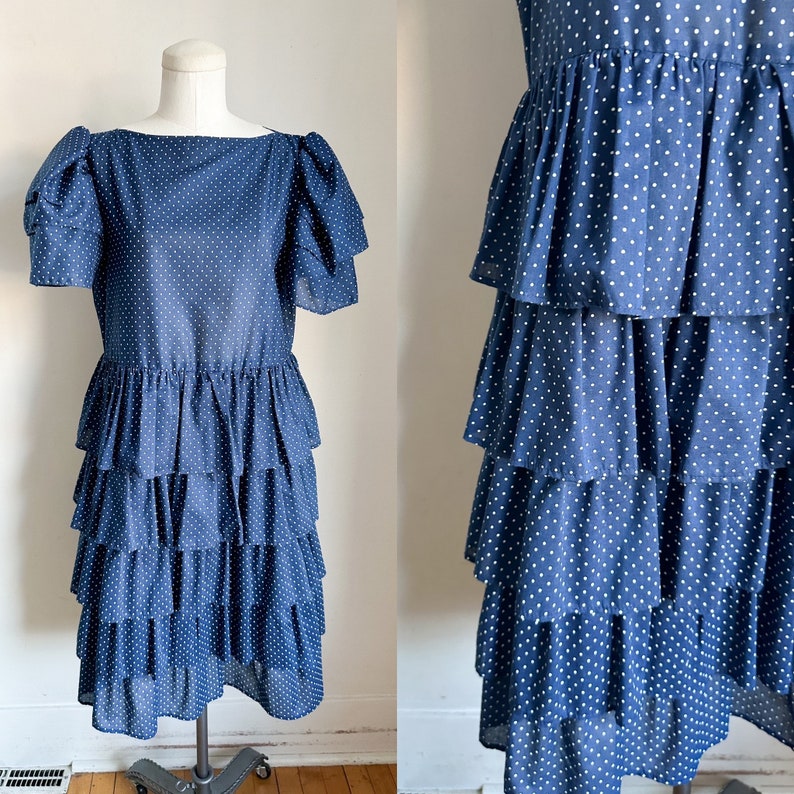 Vintage 1970s Navy & White Polka Dotted Dress / M image 1