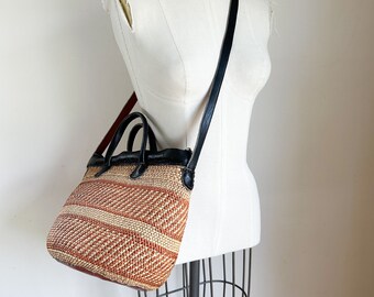 vintage 1980s Sisal & Leather Cross Body Bag / Purse