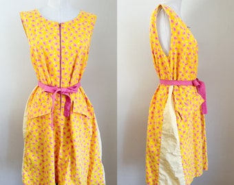 Vintage 1960s Yellow and Pink Paisley House Dress / L