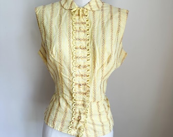 Blusa vintage de los años 50, amarilla, con lunares franceses / Talla M