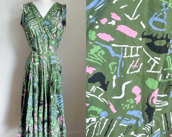 Vintage 1950s Novelty Print Avocado Green Day Dress / M