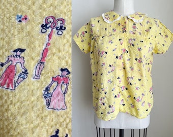 Vintage 1950s Yellow Seersucker Novelty PJ Top / XS or youth