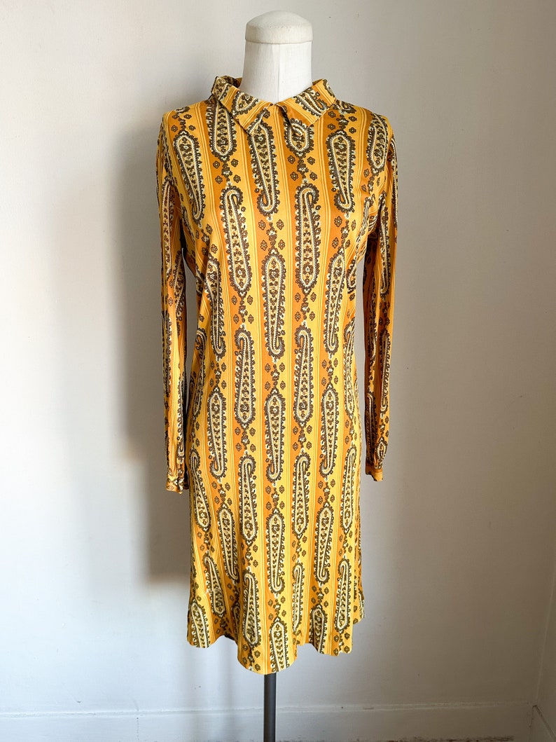 Vintage 1960s Mustard Yellow Paisley Dress / S-M image 2