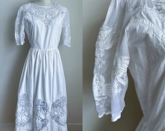 Vintage 1980s White Lace Indian Cotton Dress / S-M