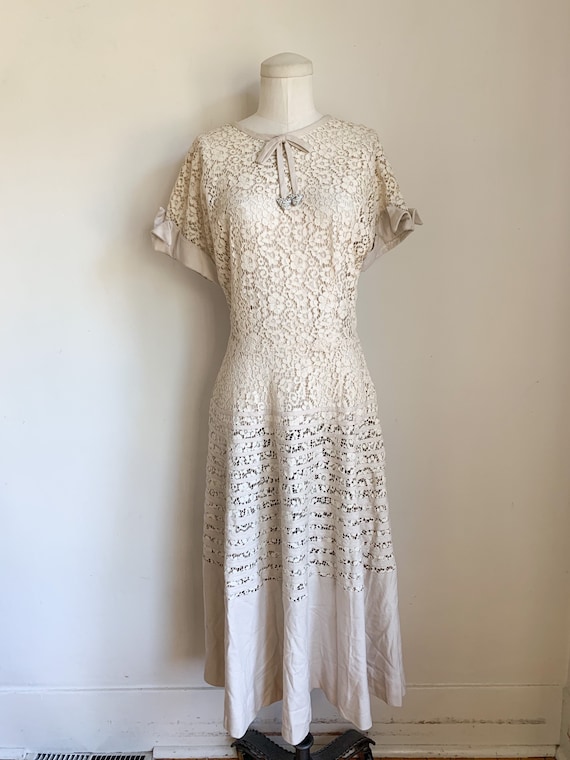 Vintage 1940 50s Ecru Lace Party Dress S Etsy UK