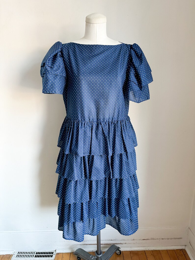 Vintage 1970s Navy & White Polka Dotted Dress / M image 2