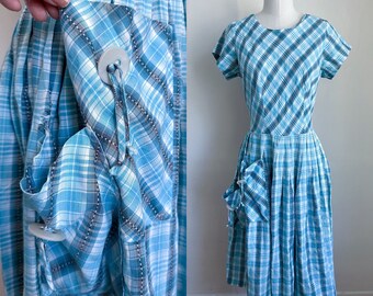 Vintage 1950s Blue Plaid Double Pocket Dress / M