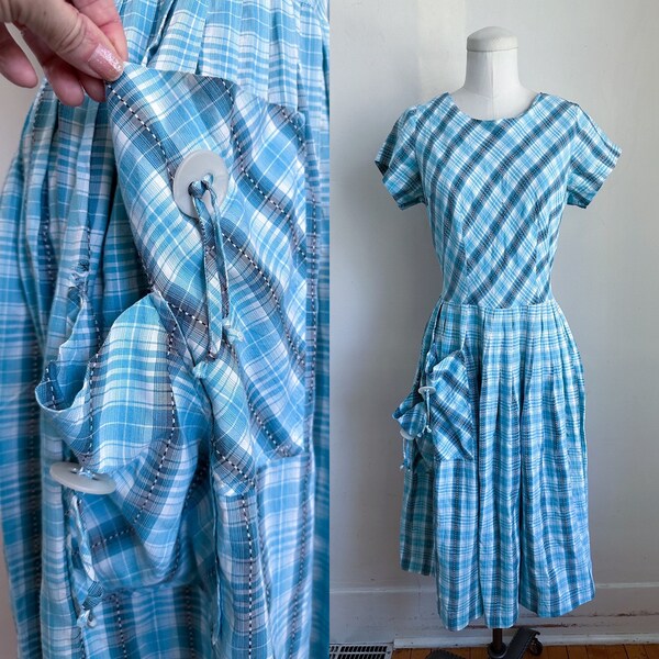 Vintage 1950s Blue Plaid Double Pocket Dress / M