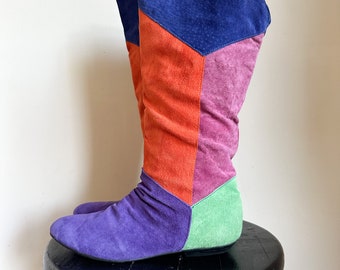 Vintage 1980s Color Block Suede Knee High Boots / size 7