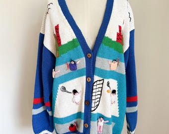 Vintage 1980s Andina Peruvian Cotton Tennis Match Cardigan / M