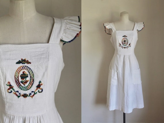 Vintage 1970s Gauze Embroidery Pinafore Dress / S