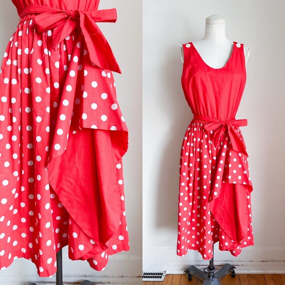 Vintage 1960s Red & White Polka Dotted Sundress /… - image 1