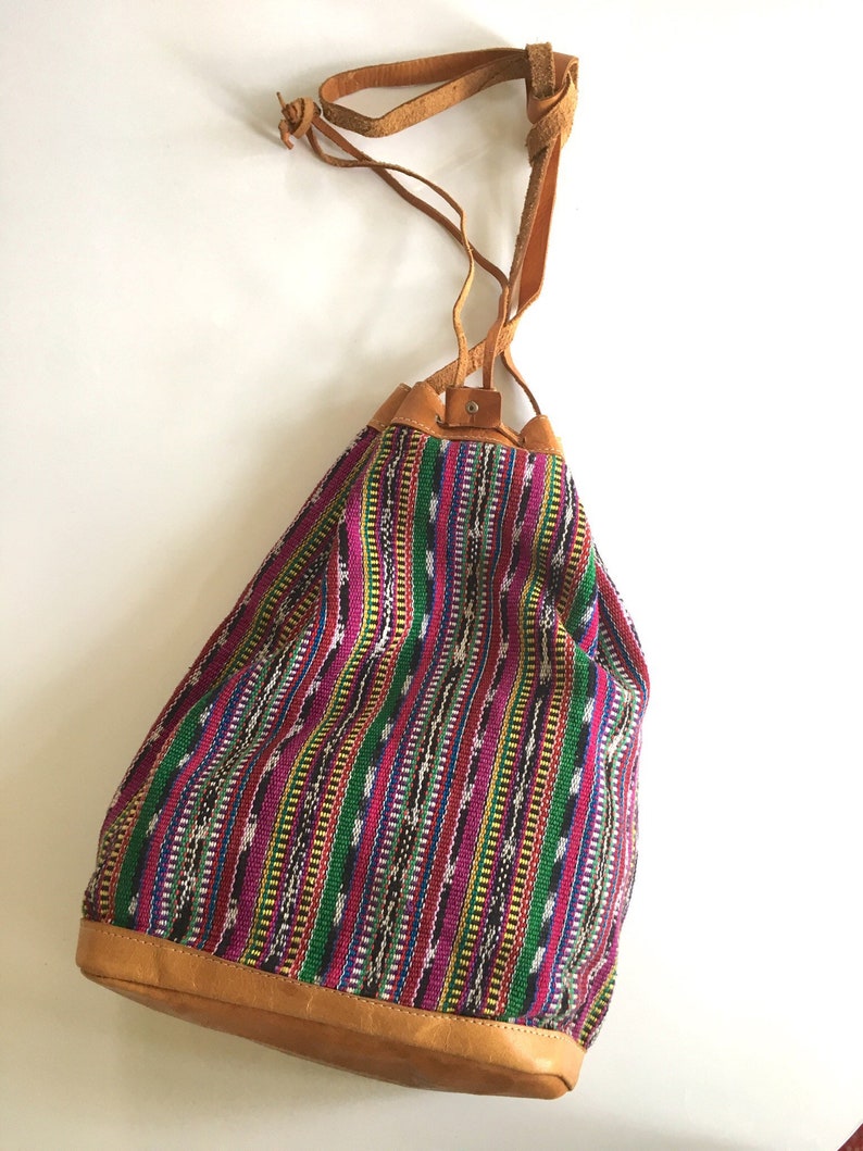 GUATEMALAN leather drawstring purse vintage tapestry bag
