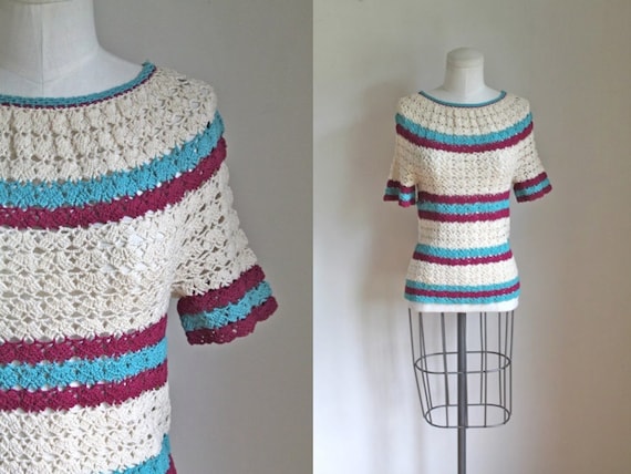 vintage 1940s Striped Crochet Top / XS-S