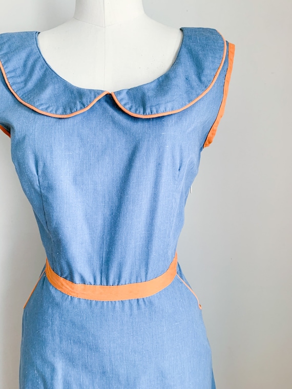 Vintage 1960s Blue Sundress with rust pipping / S - image 3