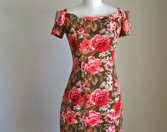 reserved // vintage 80s floral dress - CABBAGE ROSE off the shoulder dress / M