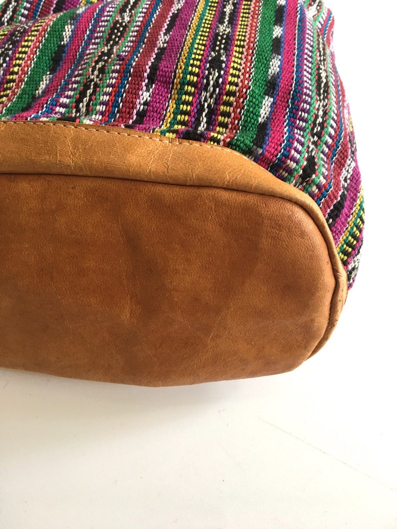 GUATEMALAN leather drawstring purse vintage tapestry bag