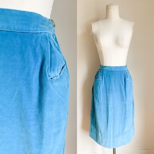 Vintage 1960s Turquoise Velvet Pencil Skirt / XS