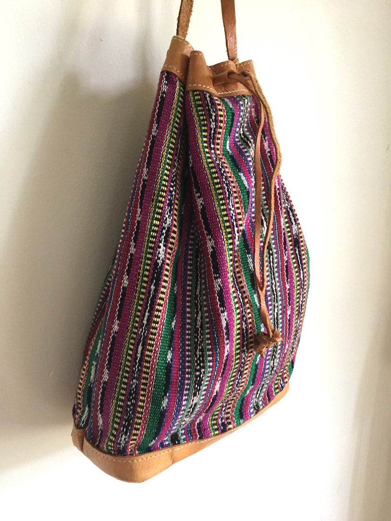 GUATEMALAN leather drawstring purse vintage tapestry bag