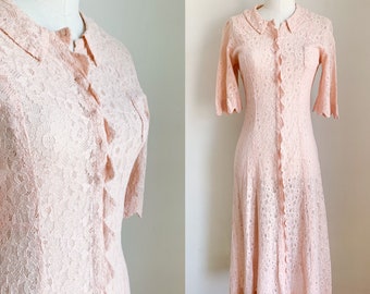 Vintage 1930s Blush Pink Lace Dress / XS-S