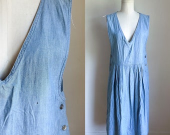 Vintage 1990s Chambray Blue Pinafore Dress / S-M