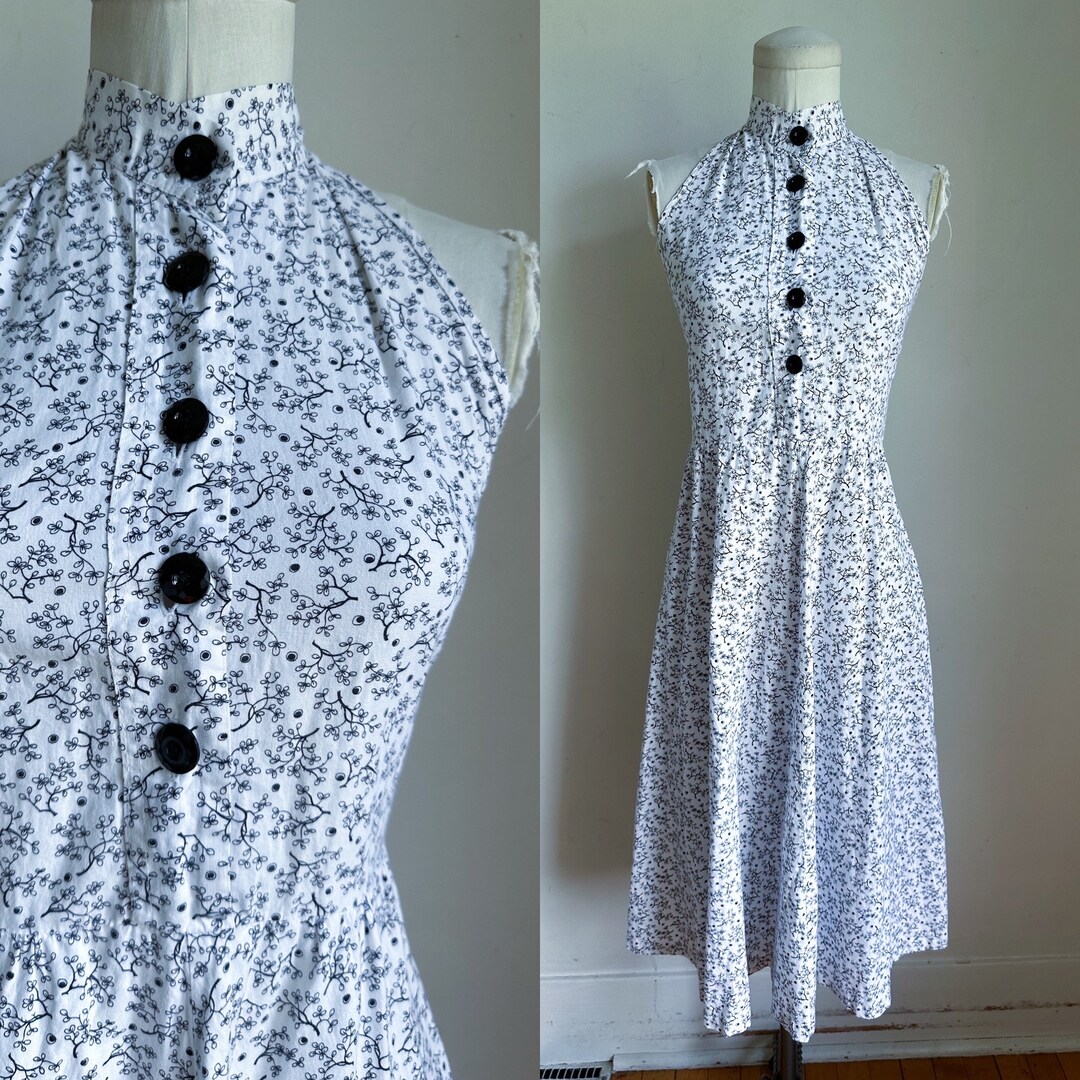 Womens 50's Era Inspired  Black Floral Flared Hem A-Line Halter Mini Dress