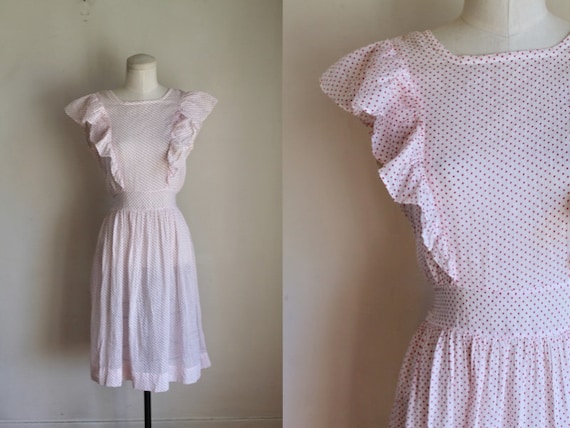 Vintage 1940s Pink & White Polka Dot Pinafore Dres