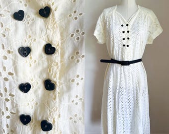 Vintage 1950s Butter Yellow Eyelet Cotton Dress / M