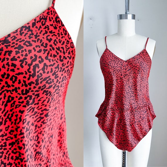 Vintage Red Leopard Print Silk Teddy / XS-S - image 1