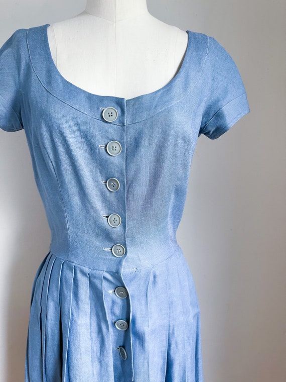 Vintage 1940s Dusty Blue Linen Dress / XS - image 3
