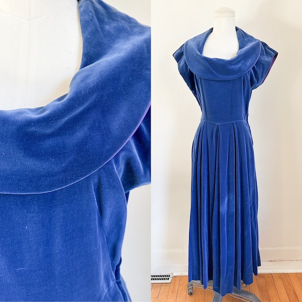 Vintage 1940s Blue Velvet Maxi Dress / XS