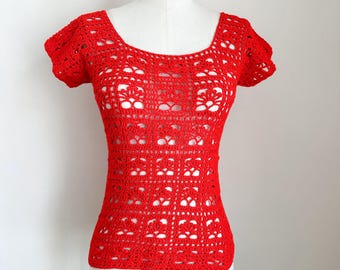 Top de crochet rojo vintage de los años 60-70 / S