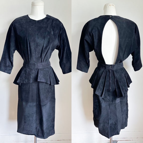 Vintage 1980s Black Backless Leather Peplum Dress… - image 1