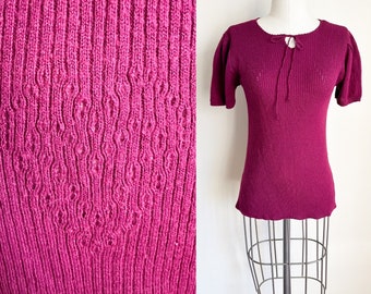 50% OFF...last call // Vintage 1970s Heart Pointelle Maroon Sweater Top / S-M