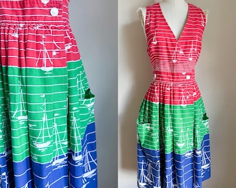 Vintage 1970s Sailor Boat Color Block Wrap Dress / S-M