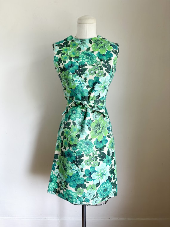 Vintage 1960s Green Floral Shift Dress / XXS - image 2