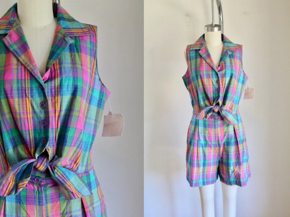 Vintage 1980s Madras Plaid Romper / M