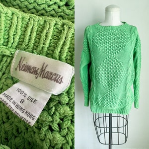 50% OFF...last call // Vintage 1980s Neiman Marcus Lime Green Silk Sweater / XS image 1