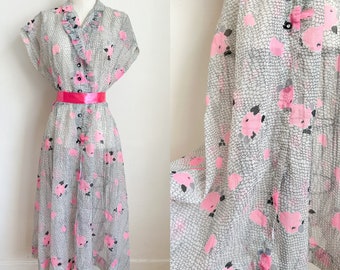 Vintage 1940s Sheer Hot Pink Floral Dress / XS