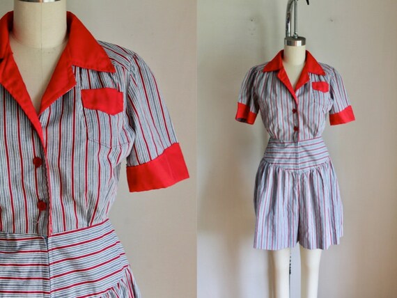 Vintage 1980s Striped Playsuit / Romper / XS